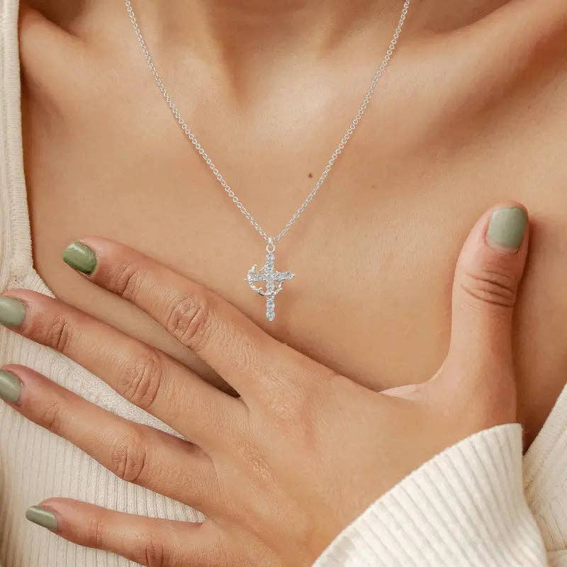 Sparkling Crown Cross Pendant Necklace Christian Jewelry