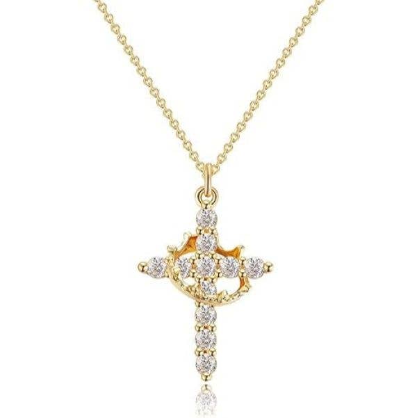 Sparkling Crown Cross Pendant Necklace Christian Jewelry