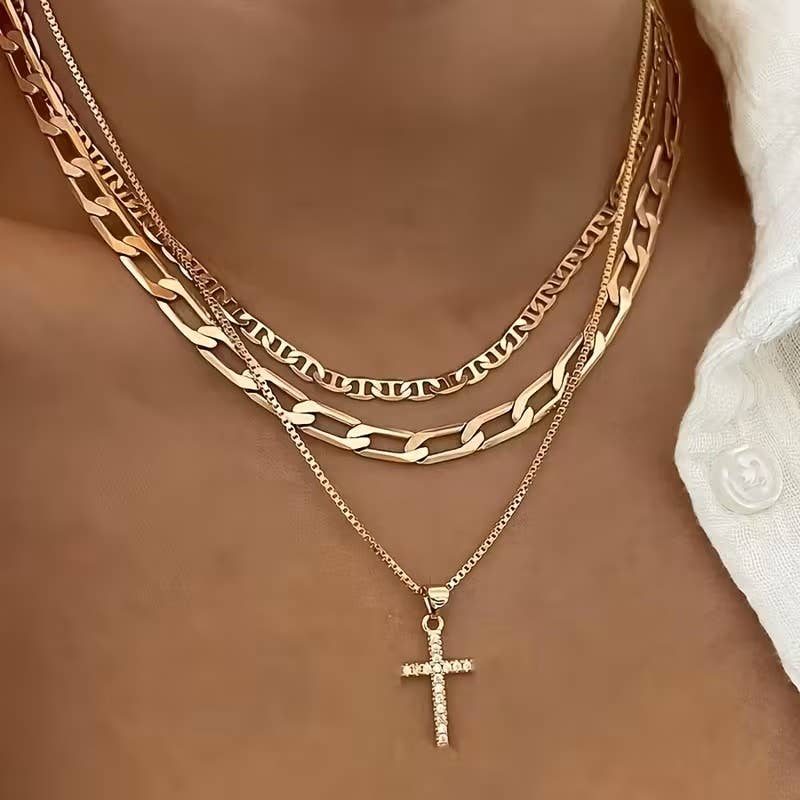 Layered Chain Necklace Cross Pendant Choker Statement