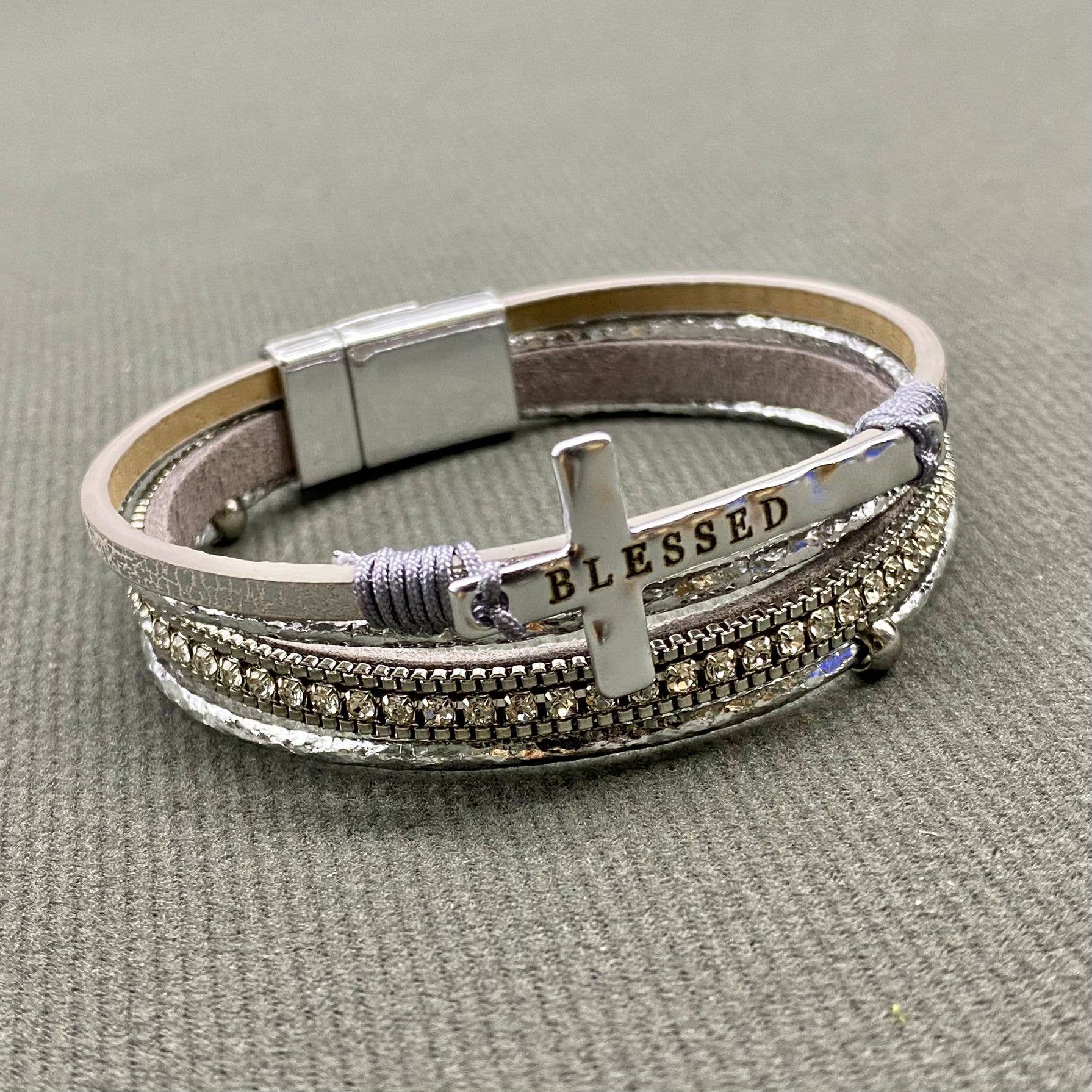Blessed Cross Rhinestone Multi-layer Leather Bracelet - LB