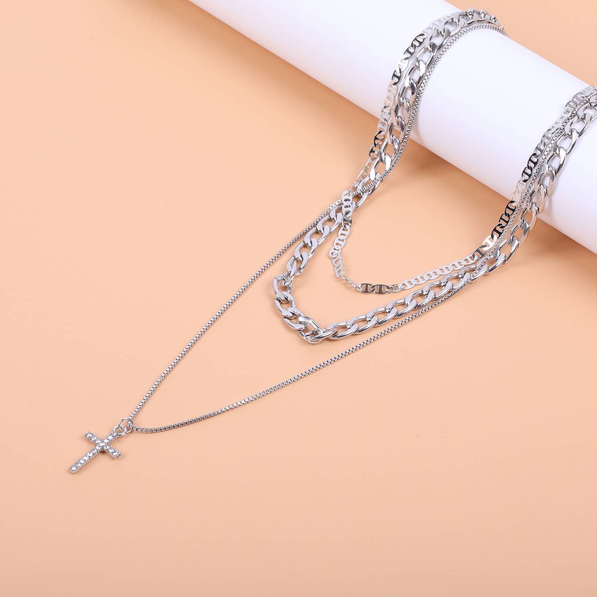 Layered Chain Necklace Cross Pendant Choker Statement