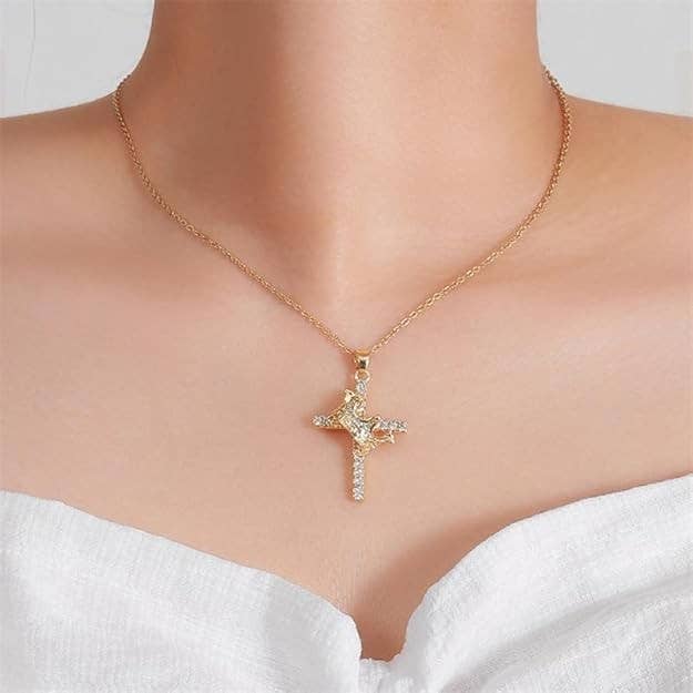 Sparkling Crown Cross Pendant Necklace Christian Jewelry