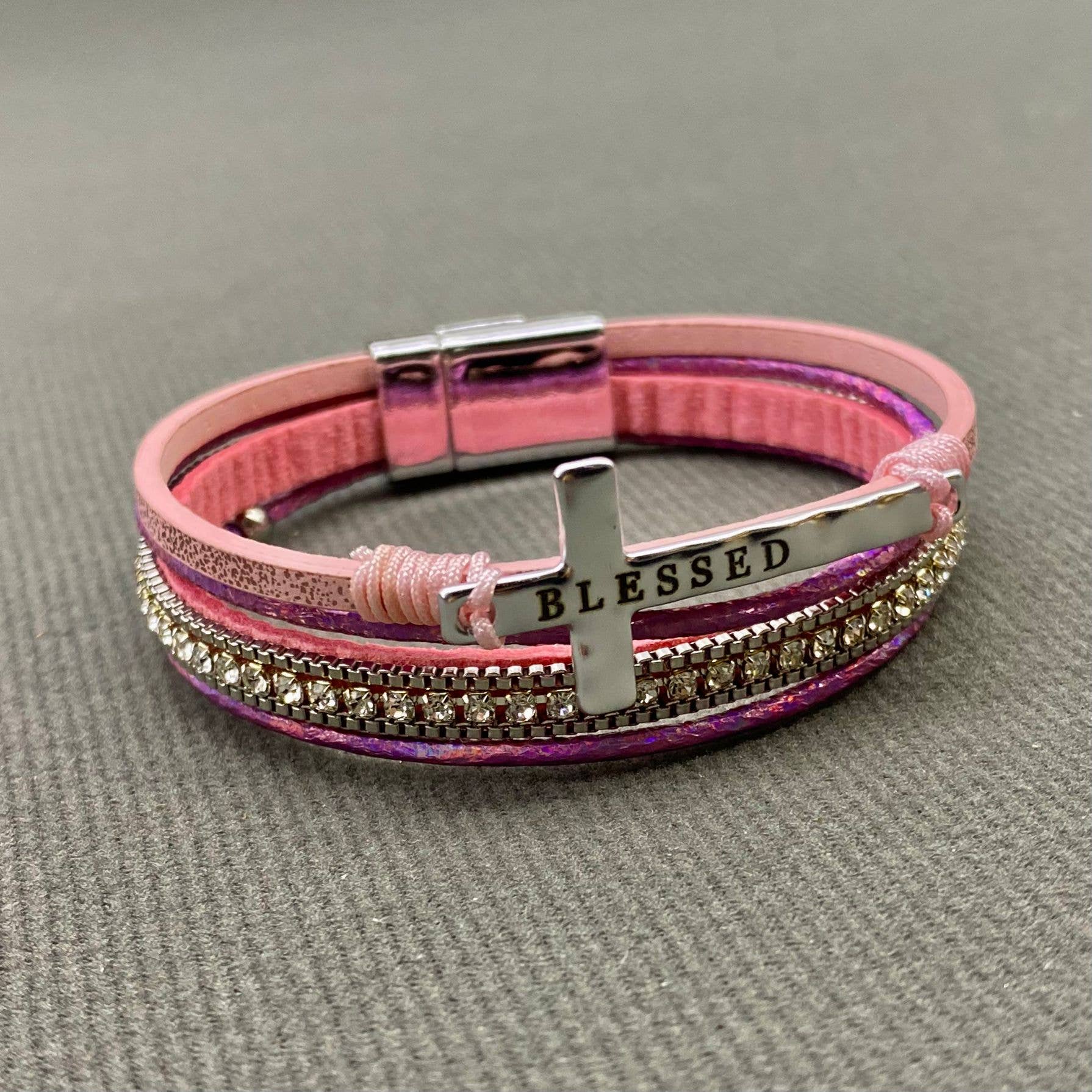 Blessed Cross Rhinestone Multi-layer Leather Bracelet - LB