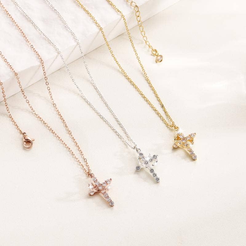 Sparkling Crown Cross Pendant Necklace Christian Jewelry