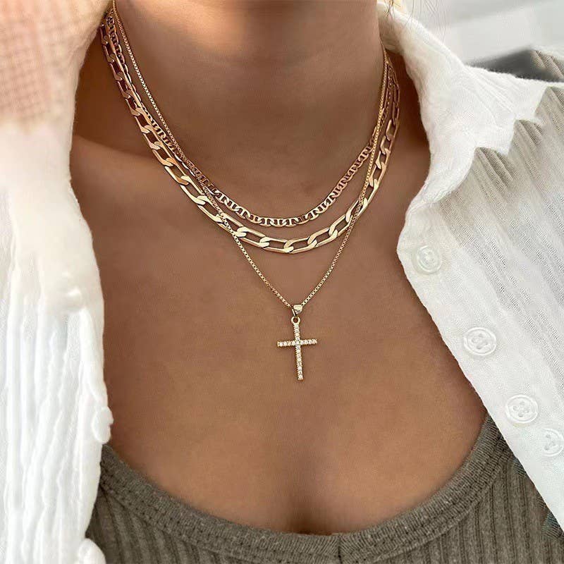 Layered Chain Necklace Cross Pendant Choker Statement