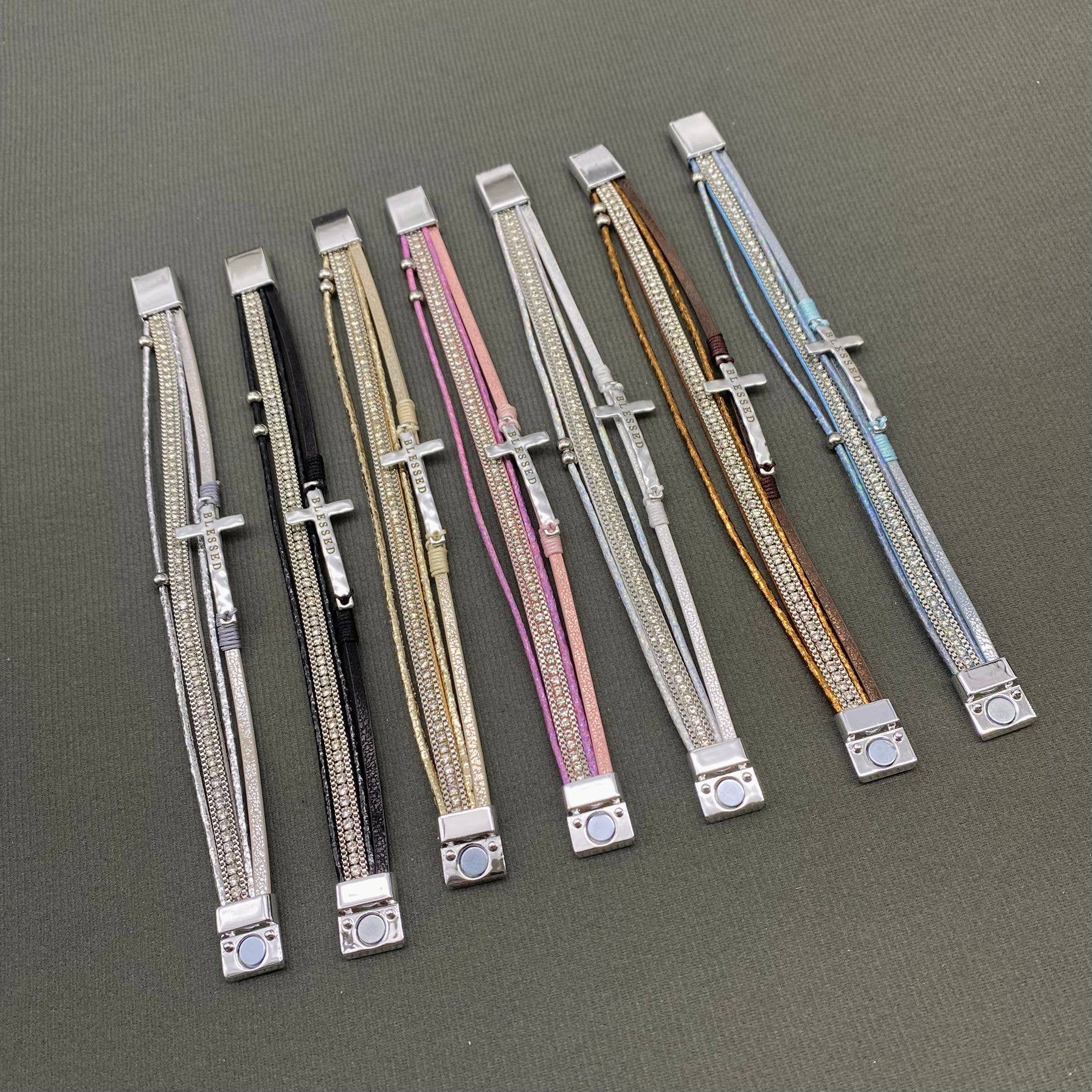 Blessed Cross Rhinestone Multi-layer Leather Bracelet - LB