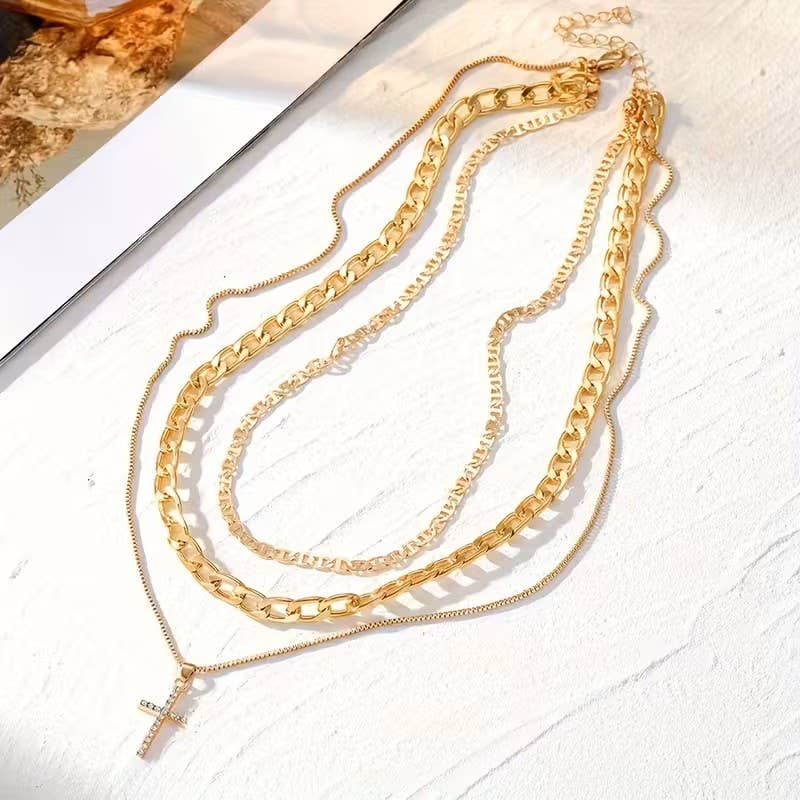 Layered Chain Necklace Cross Pendant Choker Statement