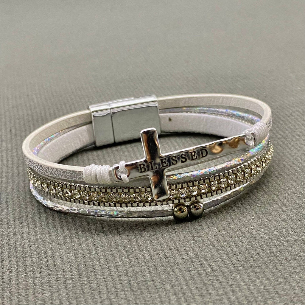 Blessed Cross Rhinestone Multi-layer Leather Bracelet - LB