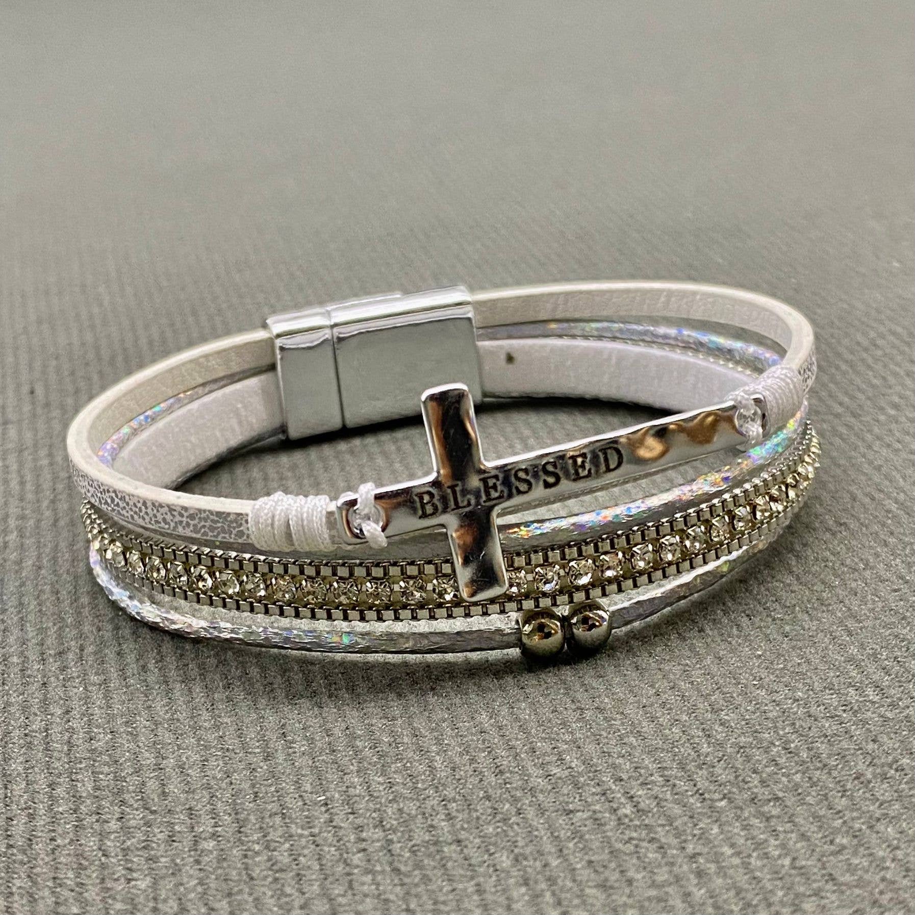 Blessed Cross Rhinestone Multi-layer Leather Bracelet - LB
