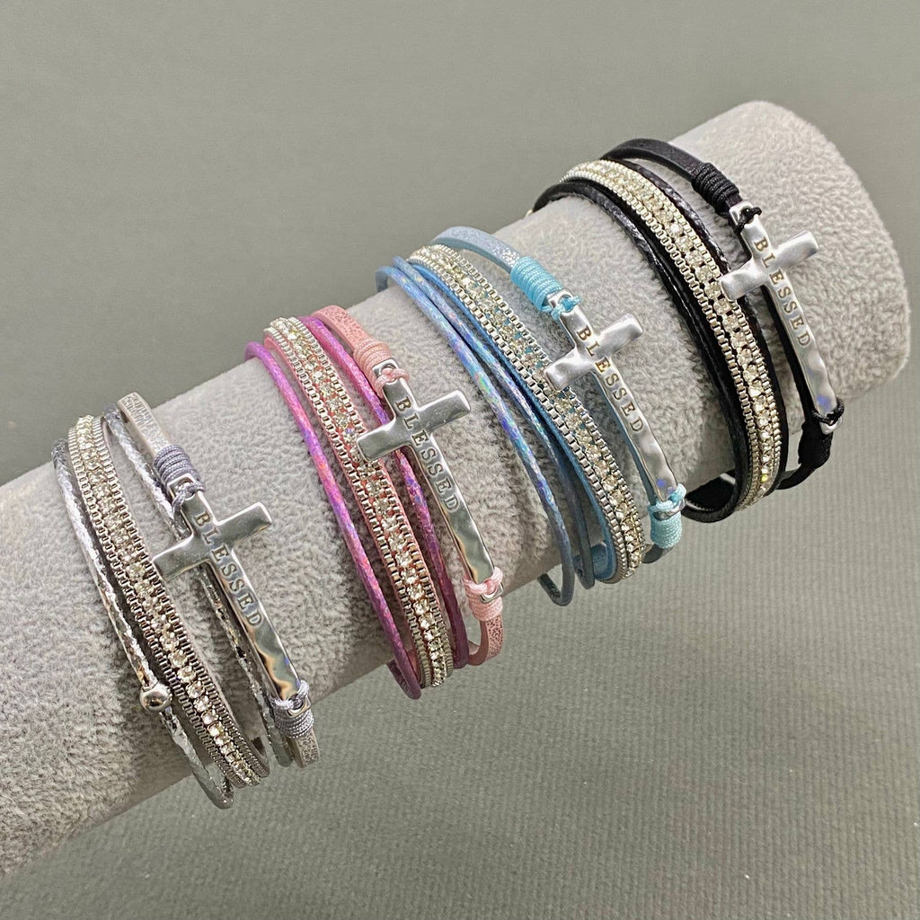 Blessed Cross Rhinestone Multi-layer Leather Bracelet - LB