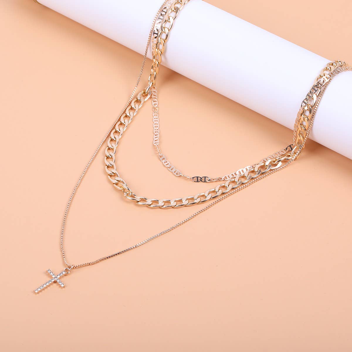 Layered Chain Necklace Cross Pendant Choker Statement