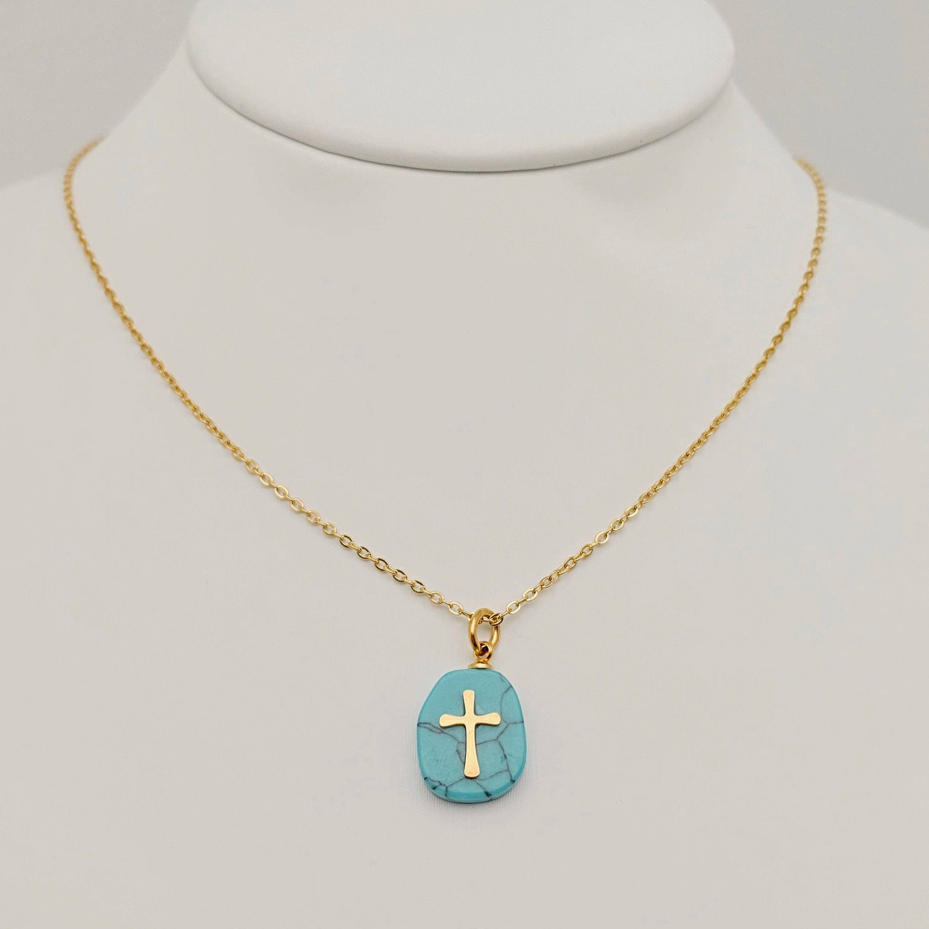 Natural Stone Stainless Steel Cross Pendant Necklace - CS