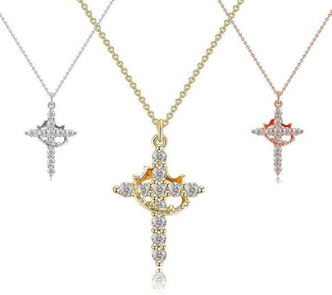 Sparkling Crown Cross Pendant Necklace Christian Jewelry