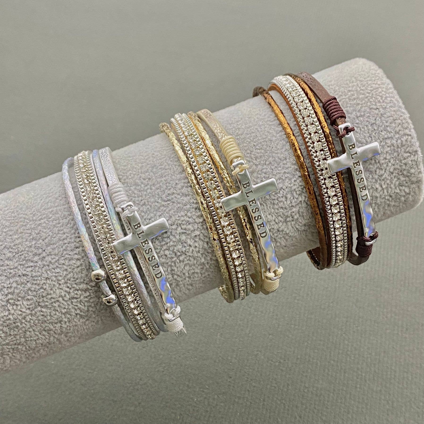 Blessed Cross Rhinestone Multi-layer Leather Bracelet - LB