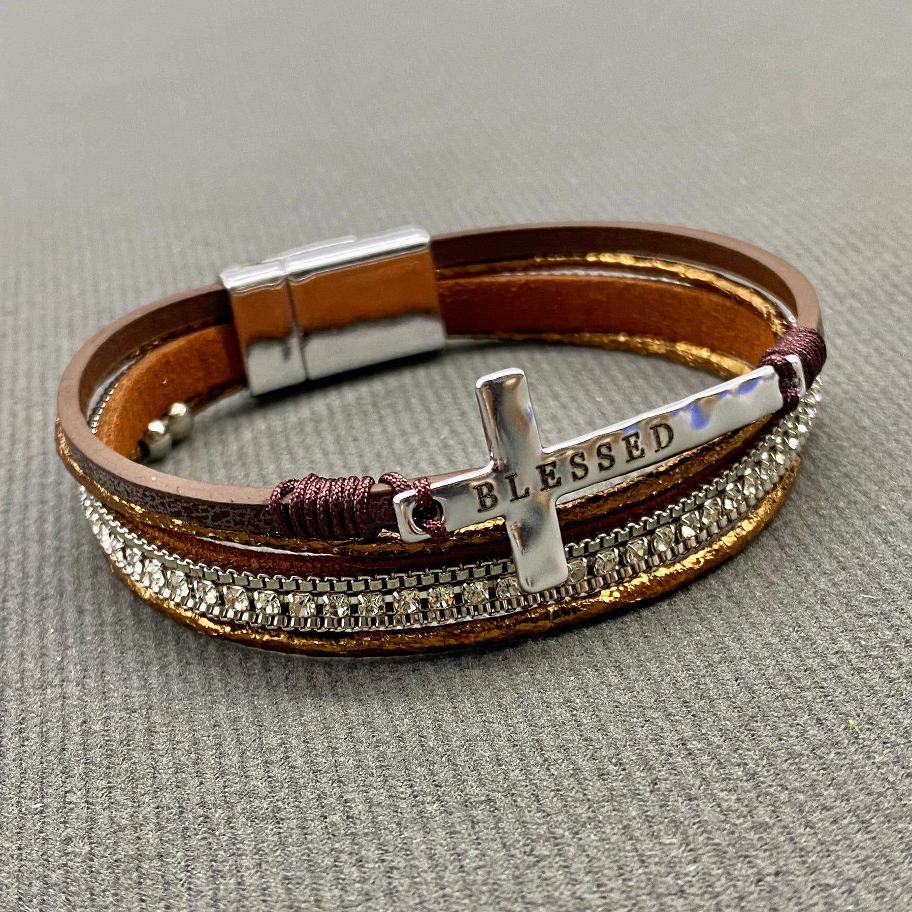 Blessed Cross Rhinestone Multi-layer Leather Bracelet - LB