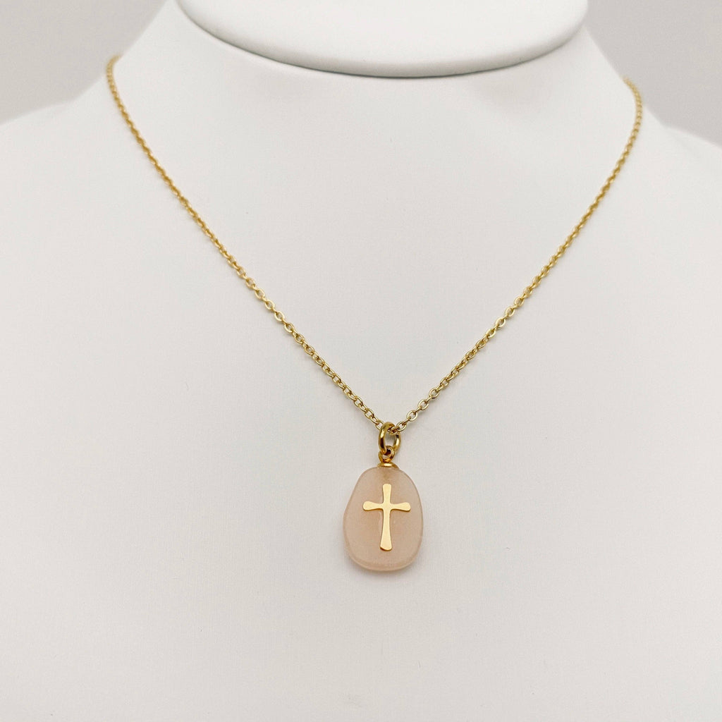 Natural Stone Stainless Steel Cross Pendant Necklace - CS