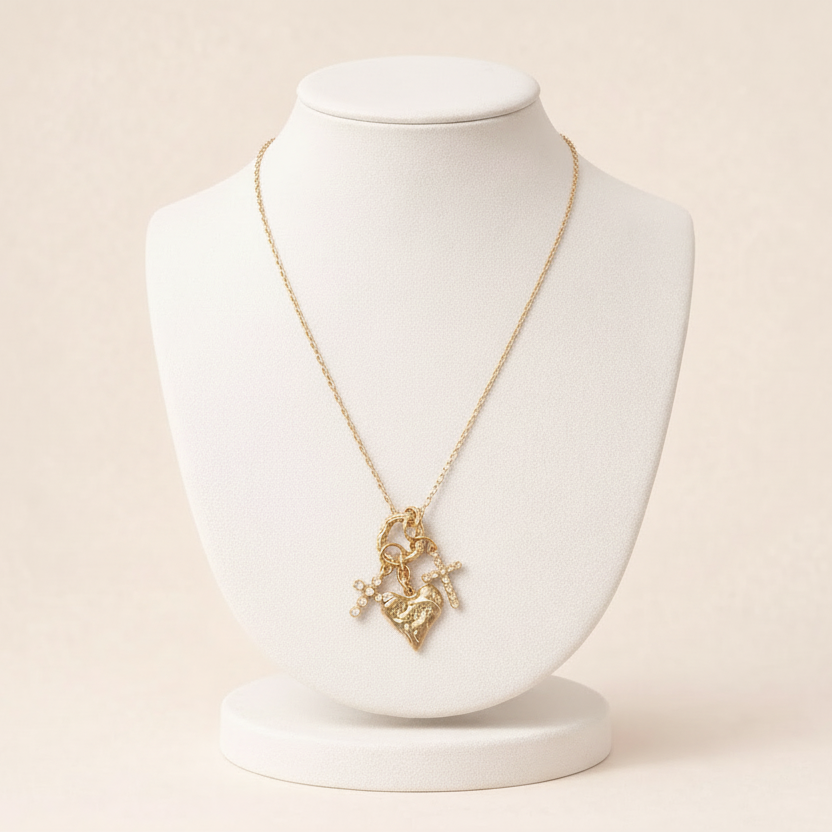 Textured Heart & Crystal Cross Charm Necklace – Faith & Love Gold Tone Pendant
