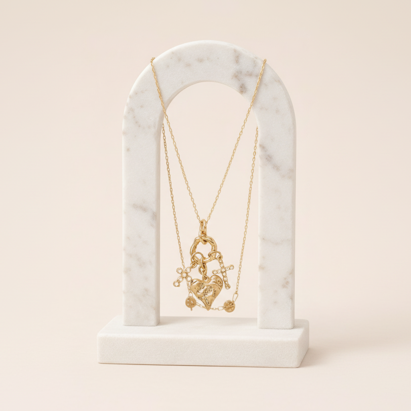 Textured Heart & Crystal Cross Charm Necklace – Faith & Love Gold Tone Pendant