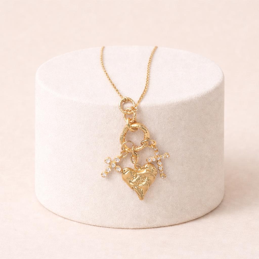 Textured Heart & Crystal Cross Charm Necklace – Faith & Love Gold Tone Pendant