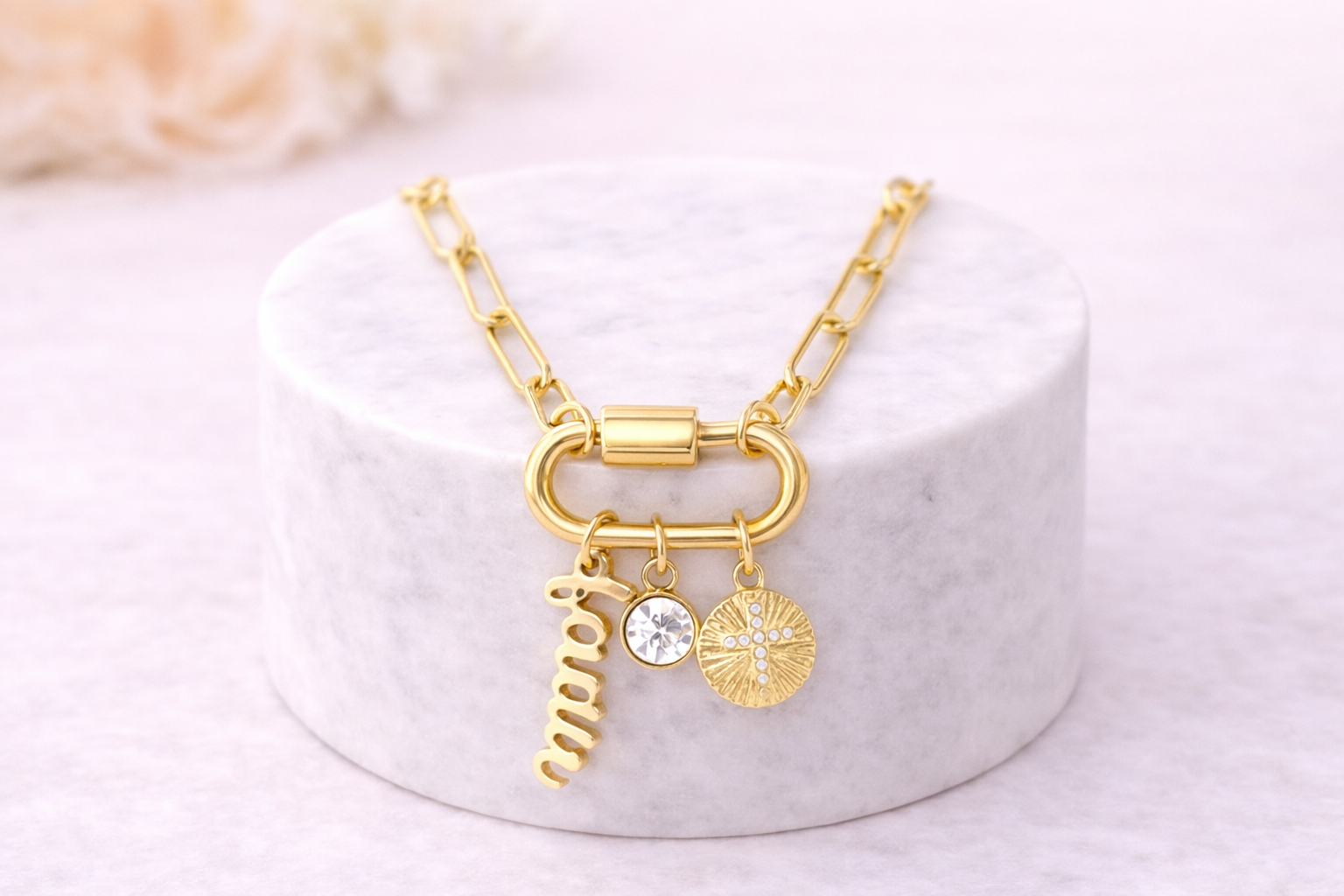 18K PVD Gold Carabiner "Faith" Paperclip Charm Necklace