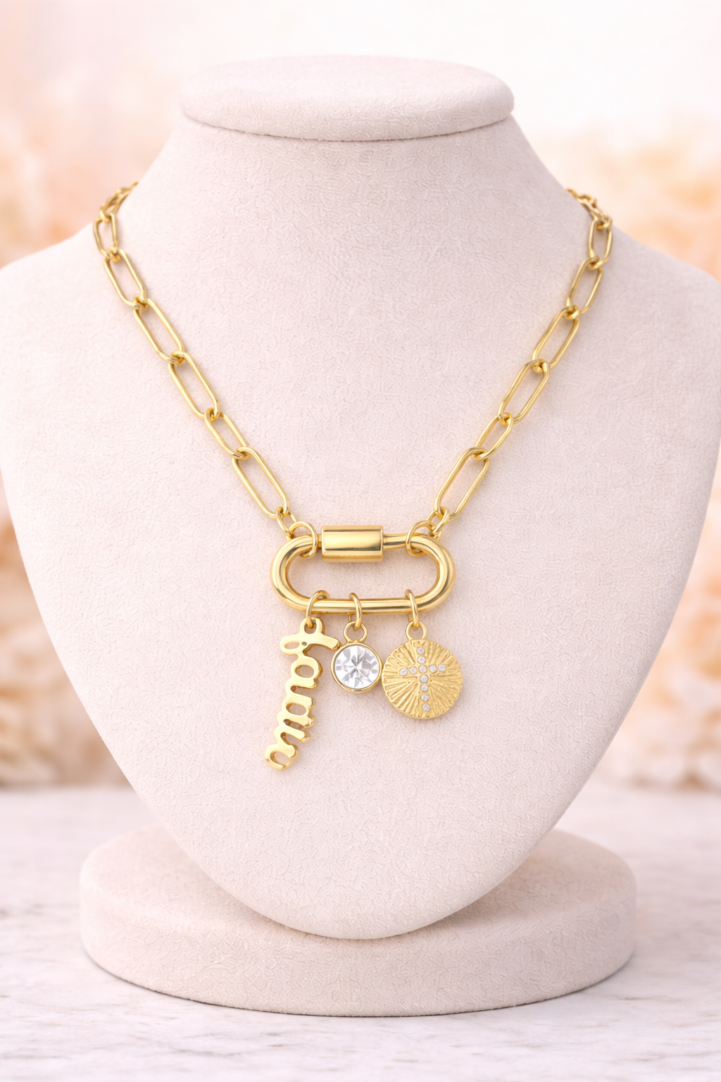 18K PVD Gold Carabiner "Faith" Paperclip Charm Necklace