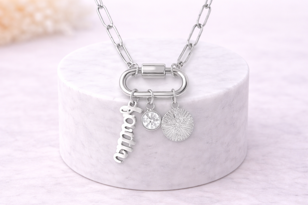 18K PVD Gold Carabiner "Faith" Paperclip Charm Necklace