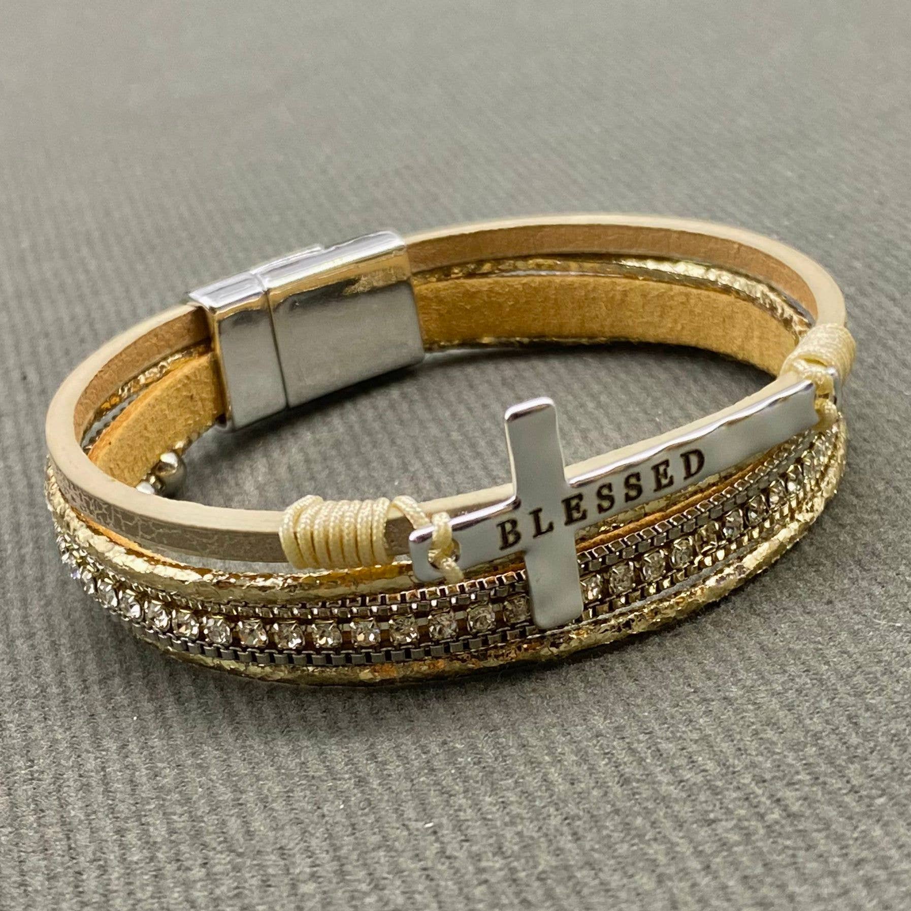 Blessed Cross Rhinestone Multi-layer Leather Bracelet - LB