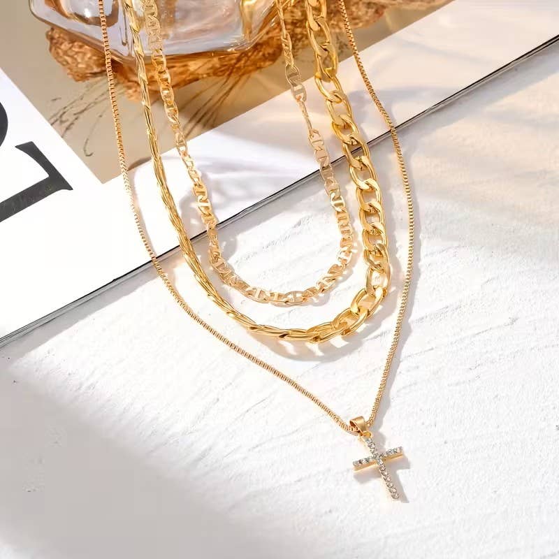 Layered Chain Necklace Cross Pendant Choker Statement